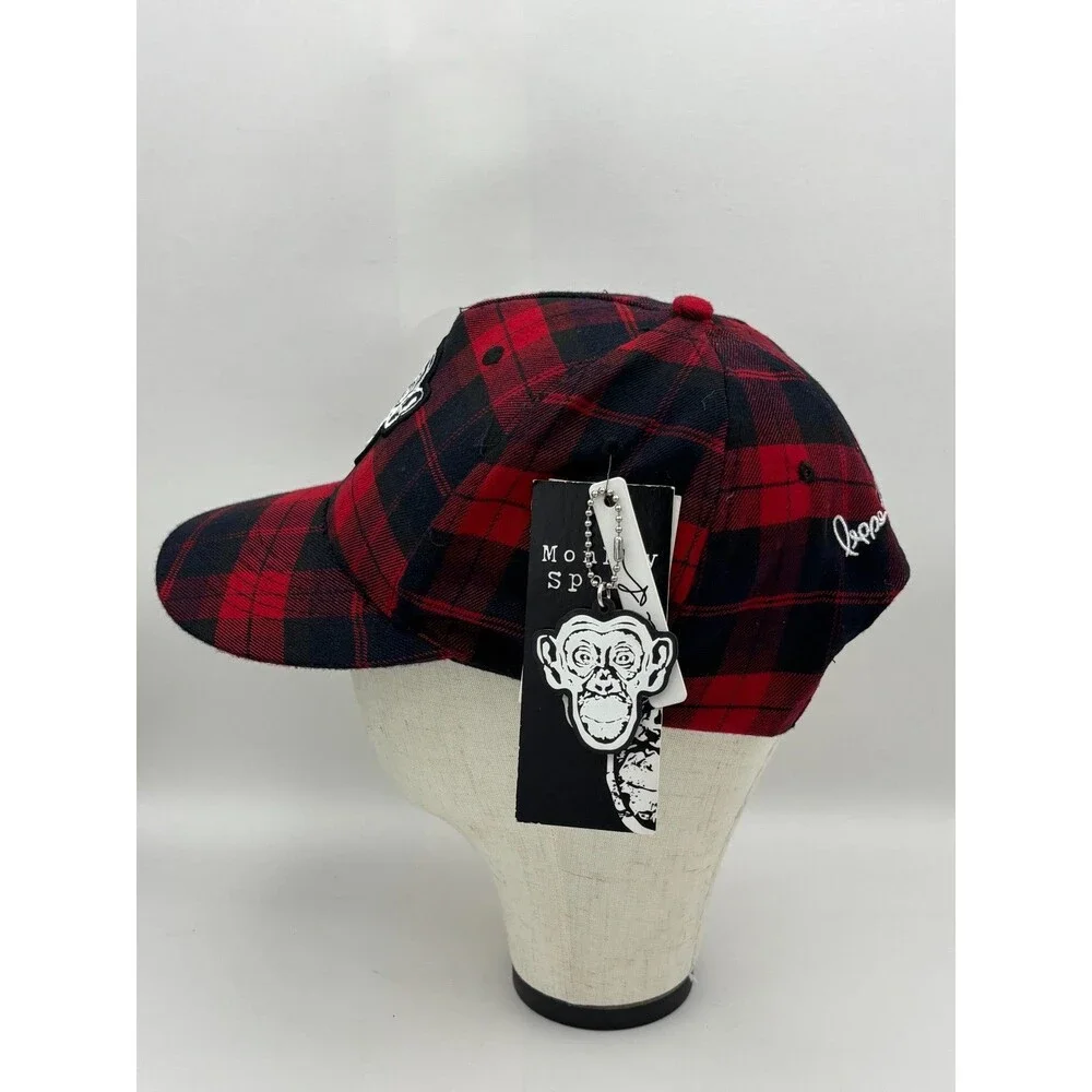 Monkey Sport Plaid Hat S/M Red Black Tartan Baseball Cap NWT Embroidered Monkey